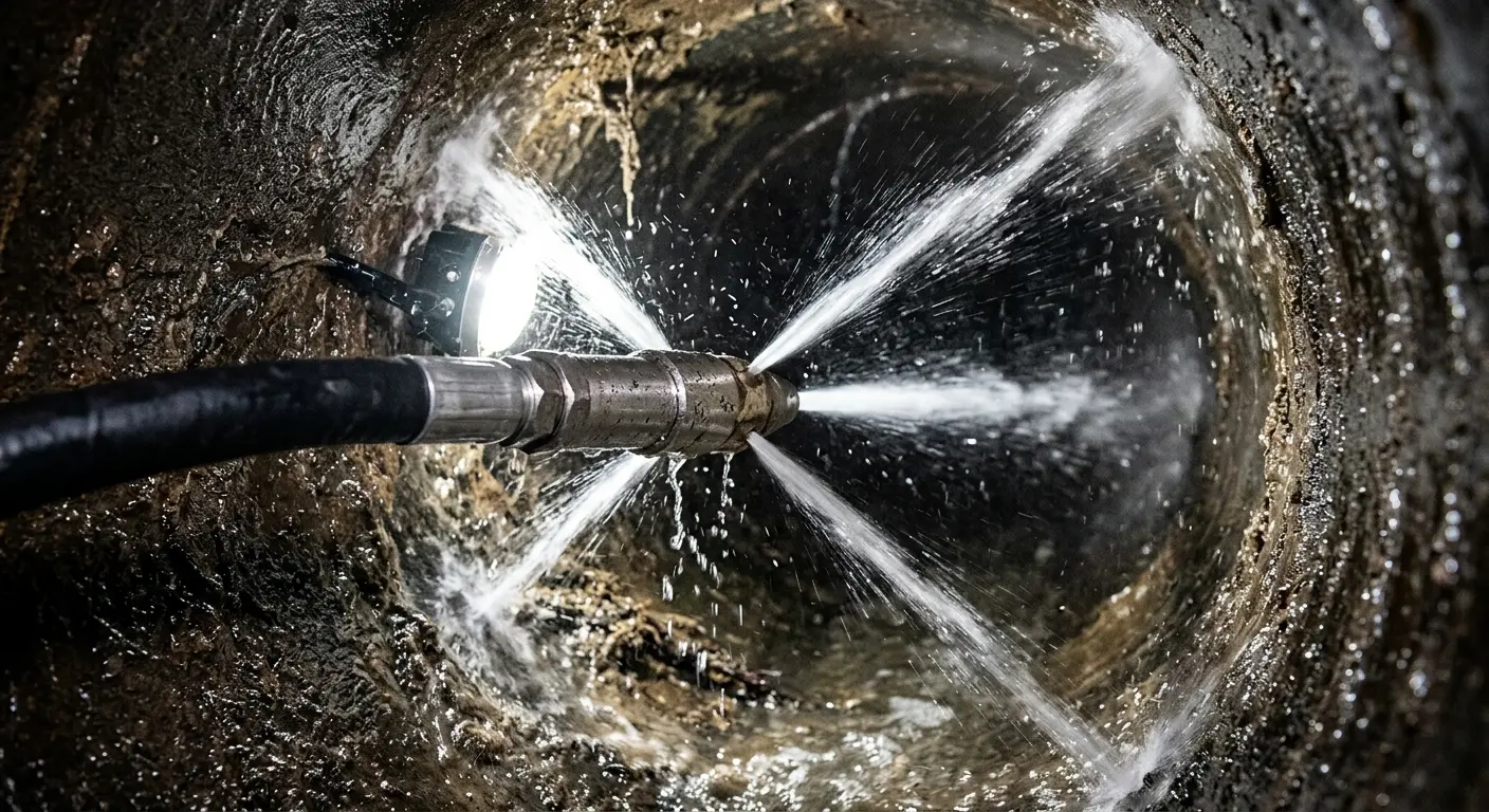 High-pressure hydro jetting nozzle cleaning sewer pipe for Emergency Drain Service in Walled Lake