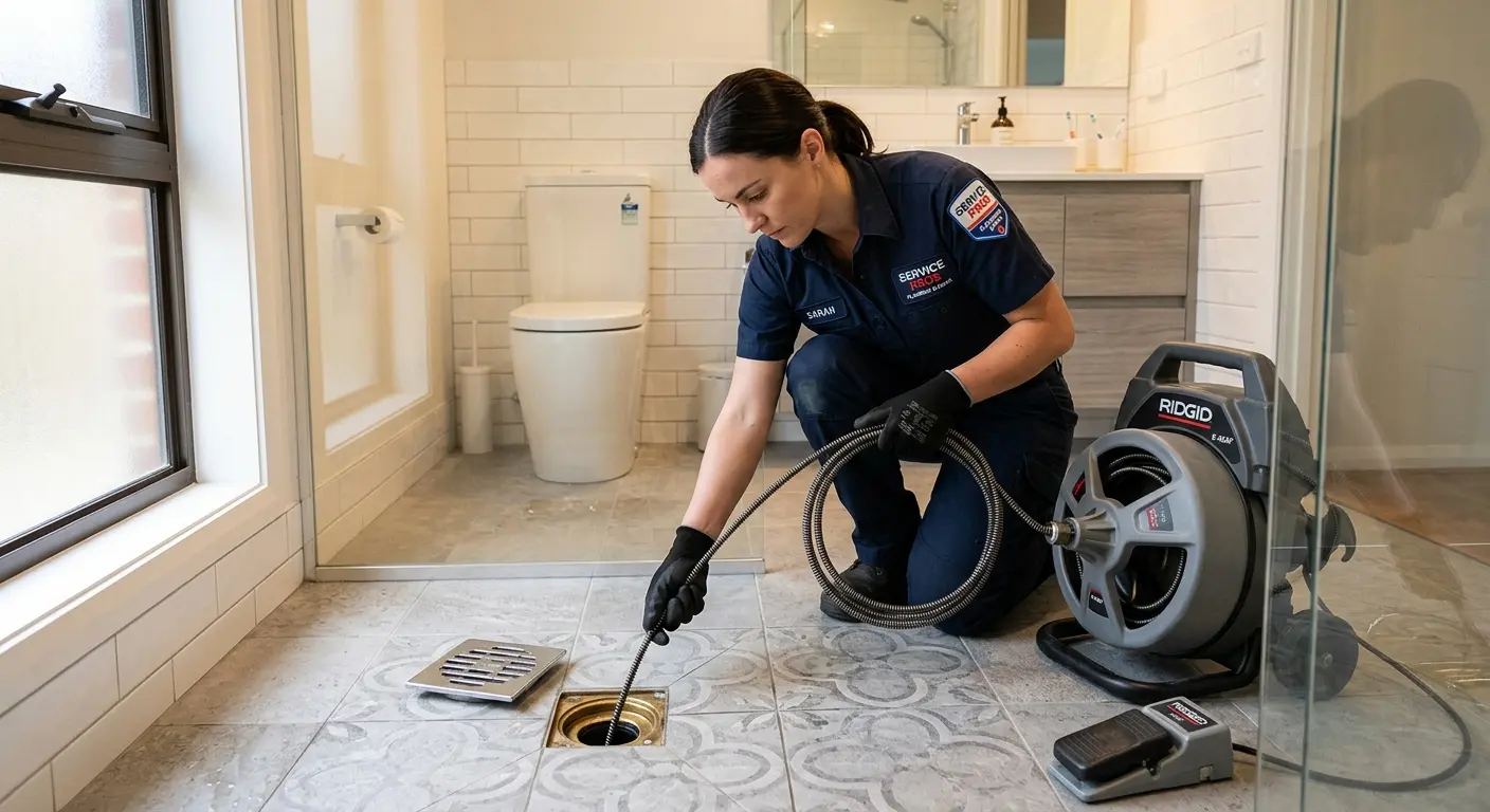 Technician clearing a bathroom floor drain for Drain Cleaning in Walled Lake